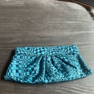 Lauren Merkin turquoise satin ribbon weave clutch